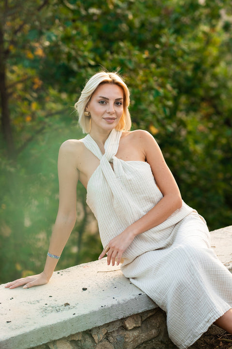 Halter Neck Open Back Muslin Midi Dress