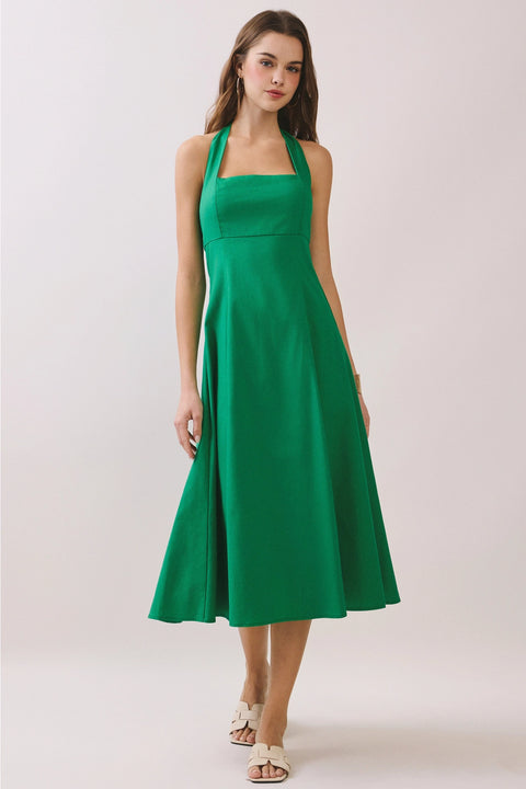 Halter Neck Self-Tie Back Smocked Midi Dress