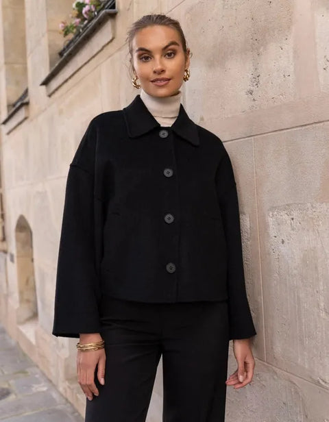 Handmade Oversized Cropped Wool Coat Black-Coat-Attentif Paris-S-Urbanheer