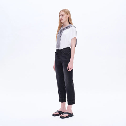 High Rise Mom Jeans with Rolled Hem IRON BLACK-Jeans-BAYEAS-24-IRON BLACK-Urbanheer