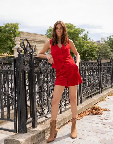 High Waist Velvet Shorts Red-Shorts-Attentif Paris-S-Red-Urbanheer