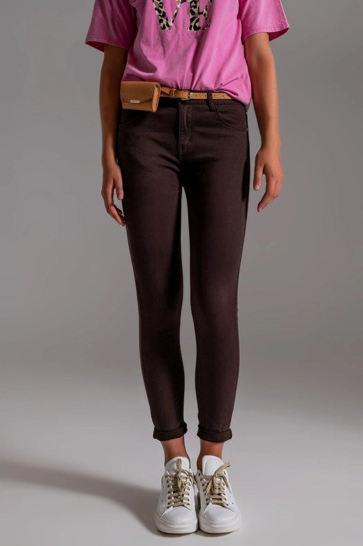 High Waisted Skinny Jeans In Brown
