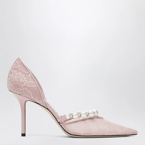 Jimmy Choo Pink Lace Décolleté with Pearl Decoration