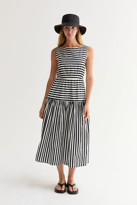 Junie Cotton Blend Gathered Stripe Midi Dress
