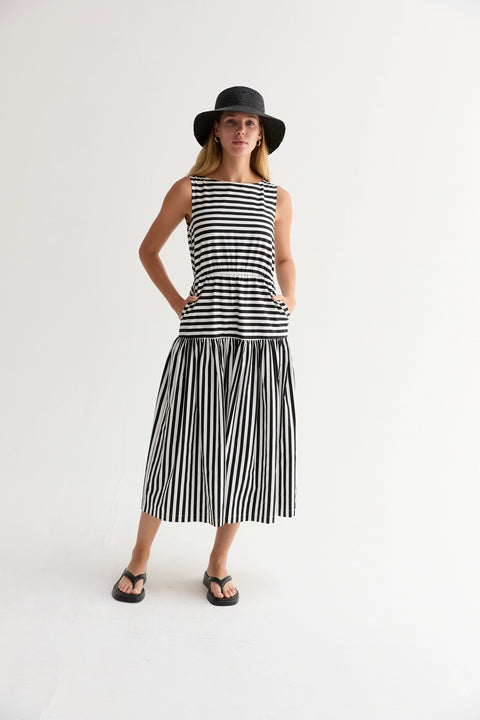 Junie Cotton Blend Gathered Stripe Midi Dress