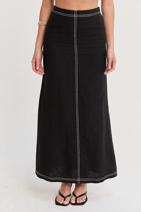 Kenzy Contrast Stitch Linen Maxi Skirt Black