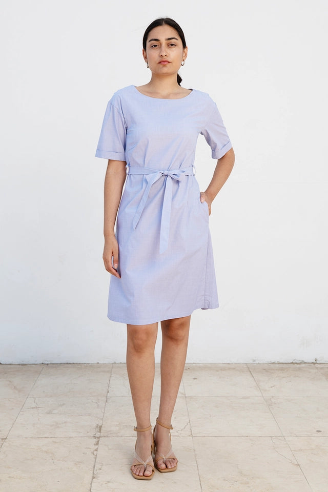 Knee-Length Summer Dress with Sleeves Ed-Daa in Light Blue Made from Urbanheer Knee-Length Summer Dress with Sleeves Ed-Daa in Light Blue Made from Urbanheer