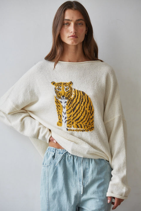 Knit Sweater Tiger Graphic Print Long Sleeve