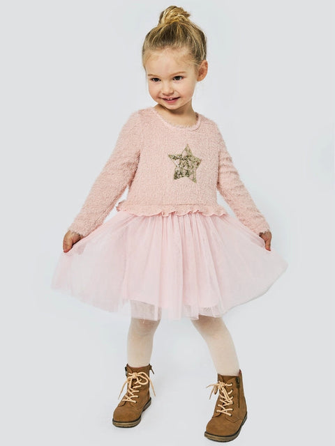L/S Dress W Mesh Skirt-Dress-Hannah Banana-4-PINK-Urbanheer