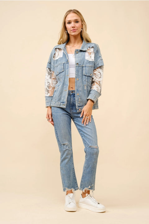 Lace Inset Raw Detail Oversized Denim Jacket-Jacket-Blue B-S-LIGHT WASH-Urbanheer
