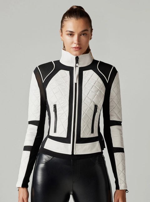 Leather Mesh Moto Jacket Black and White Colorblock Jls-Jacket-Blanc Noir-XS-WHITE/BLACK-Urbanheer