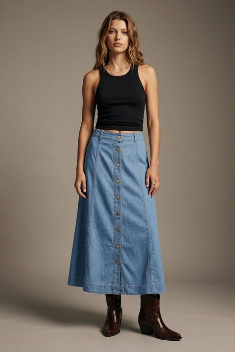 Light Blue Denim Midi Skirt with Contrast Stitch Button Front A-Line