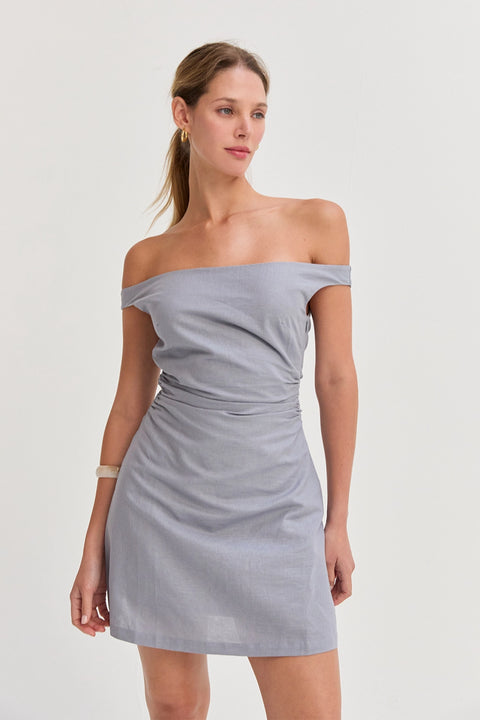 Linen Blend Off Shoulder Side Ruched Mini Dress - Light Blue