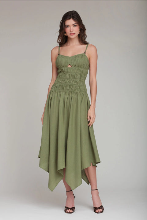 Linen Blend Shirred Handkerchief Hem Midi Dress - Green