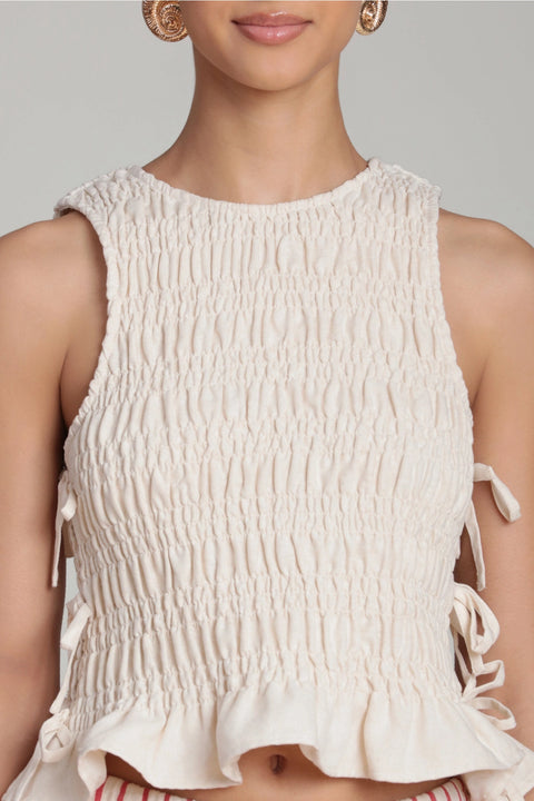 Linen Blend Side Tie Smoked Top