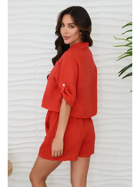 Linen Button Up Top with Front Pocket Red Flame-Top-MILIO MILANO-XS-Red Flame-Urbanheer