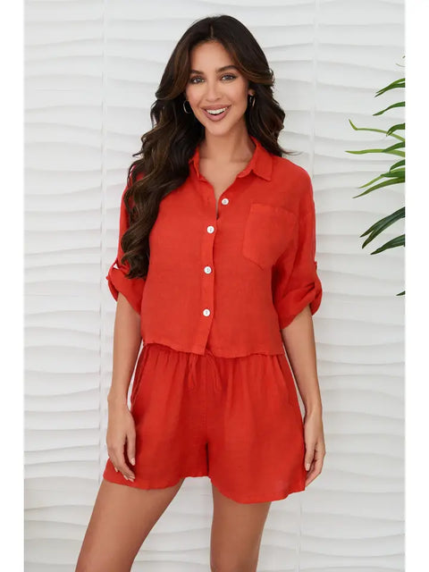 Linen Button Up Top with Front Pocket Red Flame-Top-MILIO MILANO-XS-Red Flame-Urbanheer