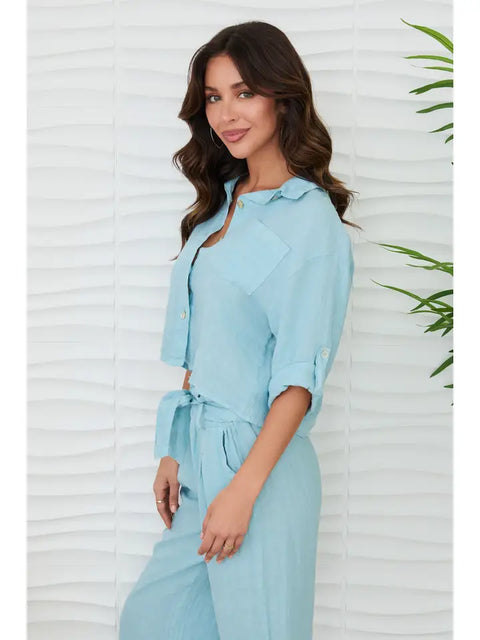 Linen Button Up Top with Front Pocket-Top-MILIO MILANO-XS-Blue Zuccero-Urbanheer