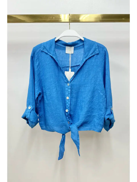 Linen Cropped Tie Blouse Blue Regatta-Blouse-MILIO MILANO-XS-Blue Regatta-Urbanheer