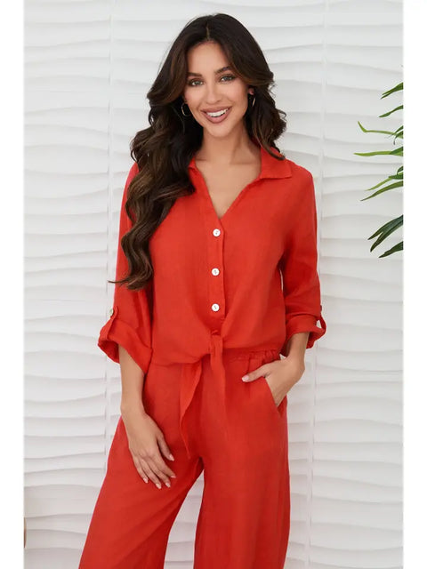 Linen Cropped Tie Blouse Red Flame-Blouse-MILIO MILANO-XS-Red Flame-Urbanheer