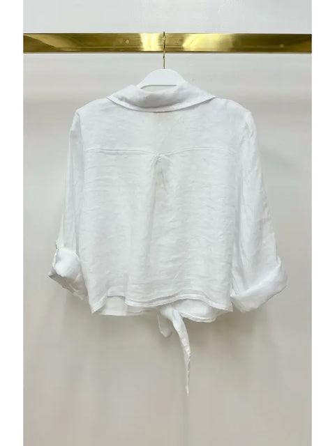 Linen Cropped Tie Blouse White-Blouse-MILIO MILANO-XS-White-Urbanheer