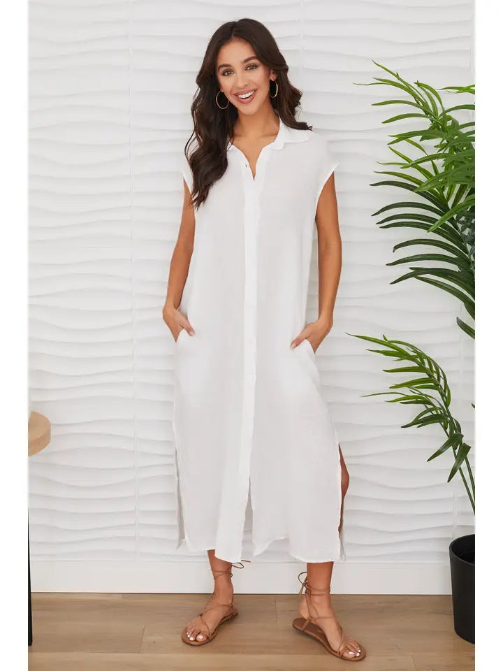 Long Crinkle Linen Sleeveless Dress White from MILIO MILANO exclusive