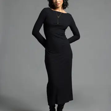Angelina Long Sleeve Rib Maxi Dress in Black