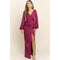 Long Sleeve Satin V Neck Wrap Maxi Dress | Berry