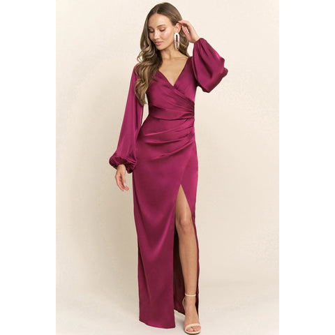 Long Sleeve Satin V Neck Wrap Maxi Dress | Berry