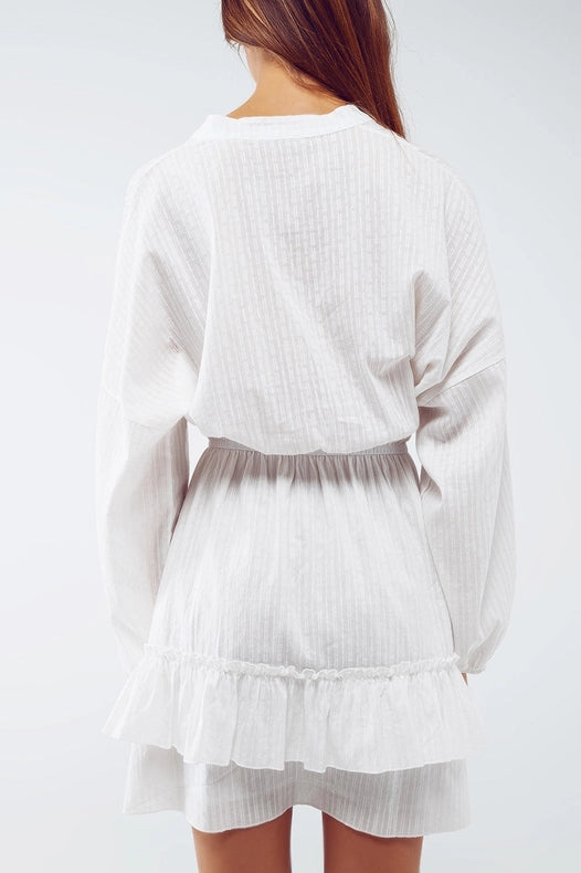 Long Sleeve Skater Textured Short Dress In White