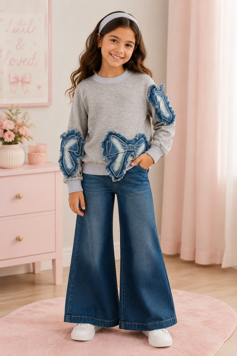 Long Sleeve Top w/ Denim Bow Patch Detail