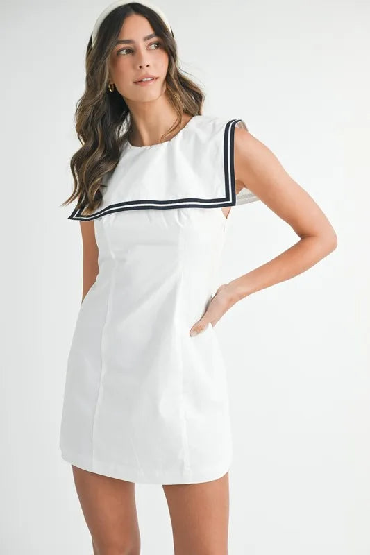white dress with black piping MABLE Contrast Piping Square Sailor Collar Mini Dress from MABLE – Urbanheer