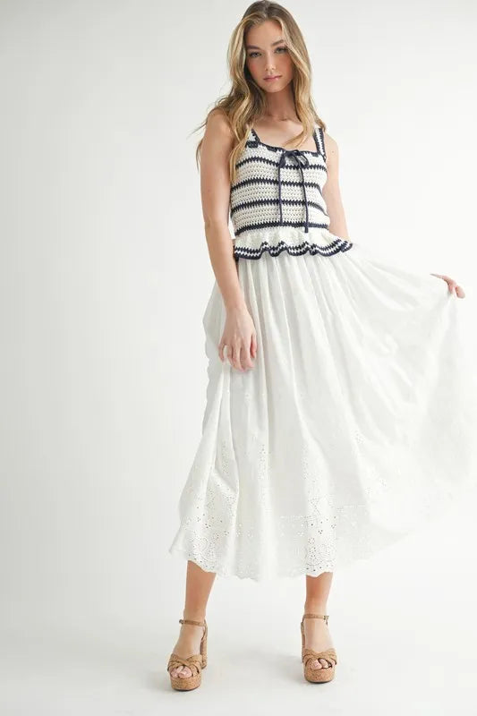 MABLE Crochet Stripe Knit Eyelet Mix Midi Dress from MABLE exclusive   Urbanheer