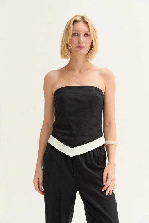 Maris Linen Blend Contrast Asymmetric Hem Tube Top