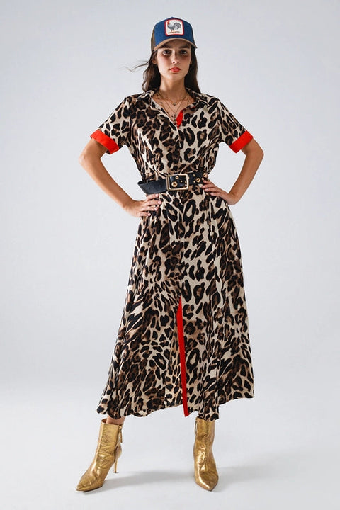 Maxi Leopard Button-Down Dress with Red Details-Dress-Q2-S-Brown-Urbanheer