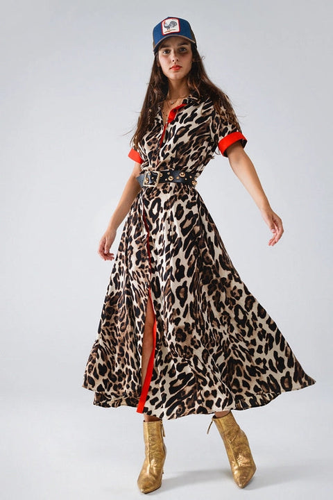 Maxi Leopard Button-Down Dress with Red Details-Dress-Q2-S-Brown-Urbanheer