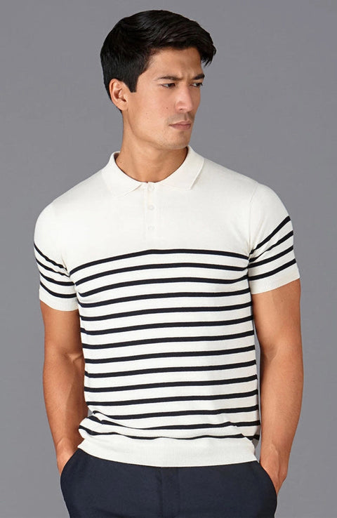 Mens 100% Ultra Fine Cotton Breton Short Sleeve Polo Shirt-Shirts-Paul James Knitwear-S-Ecru-Urbanheer