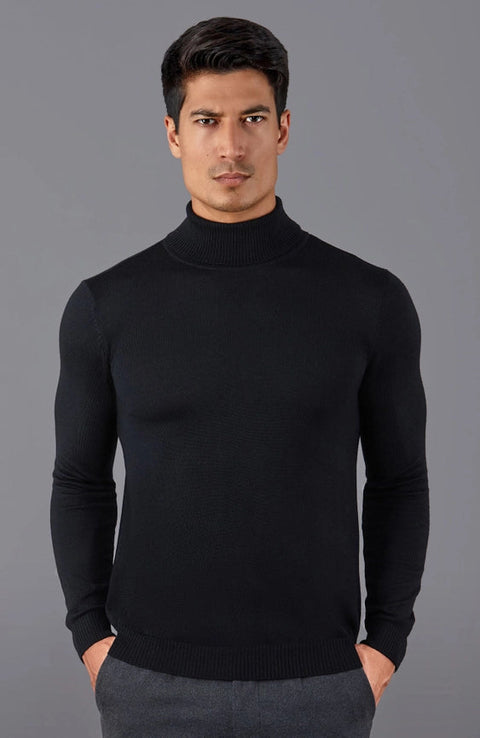 Mens Extra Fine Merino Wool Roll Neck Jumper Black-Jumper-Paul James Knitwear-XS-Black-Urbanheer