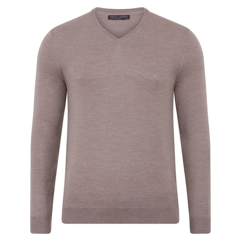 Mens Extra Fine Merino Wool V-Neck Jumper Hessian-Jumper-Paul James Knitwear-S-Urbanheer