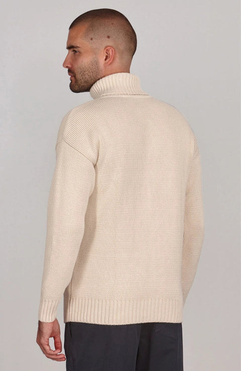 Mens Heavyweight Cotton Submariner Roll Neck Jumper Ecru-Jumper-Paul James Knitwear-XS-Urbanheer