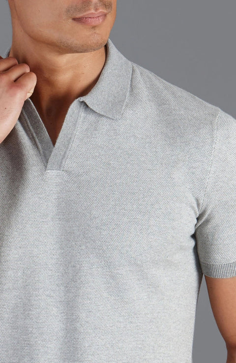 Mens Lightweight Cotton Honeycomb Buttonless Polo Shirt Ash Grey-Polo Shirt-Paul James Knitwear-S-Ash Grey-Urbanheer