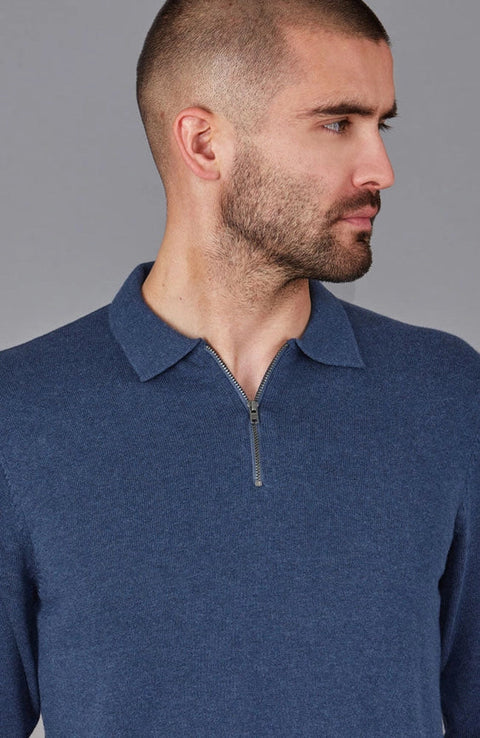 Mens Lightweight Cotton Zip Neck Polo Shirt Blue Melange-Shirts-Paul James Knitwear-S-Blue Melange-Urbanheer