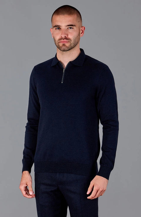 Mens Lightweight Cotton Zip Neck Polo Shirt Navy-Shirts-Paul James Knitwear-S-Black-Urbanheer