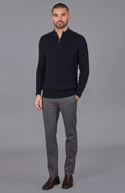 Mens Midweight Cotton Cable Zip Neck Jumper Navy-Jumper-Paul James Knitwear-S-Navy-Urbanheer