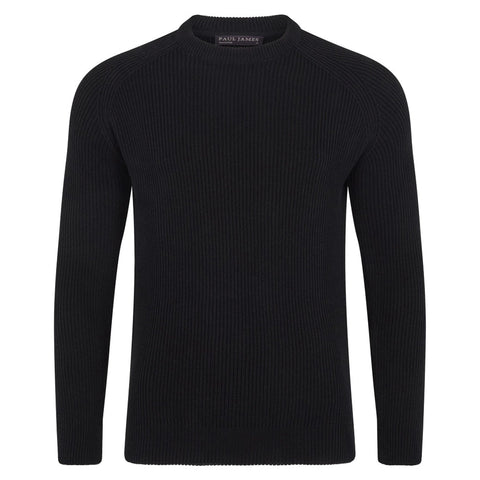 Mens Midweight Cotton Ribbed Crew Neck Jumper-Jumper-Paul James Knitwear-S-Black-Urbanheer