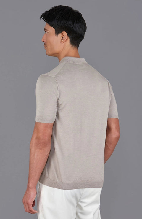 Mens Superfine Merino Silk Buttonless Polo Shirt Taupe-Polo Shirt-Paul James Knitwear-M-Urbanheer