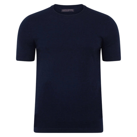 Mens Superfine Merino Wool Knitted T-Shirt Navy-T-Shirt-Paul James Knitwear-S-Navy-Urbanheer