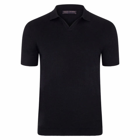 Mens Ultra Fine Cotton Buttonless Polo Shirt Black-Polo Shirt-Paul James Knitwear-L-Black-Urbanheer