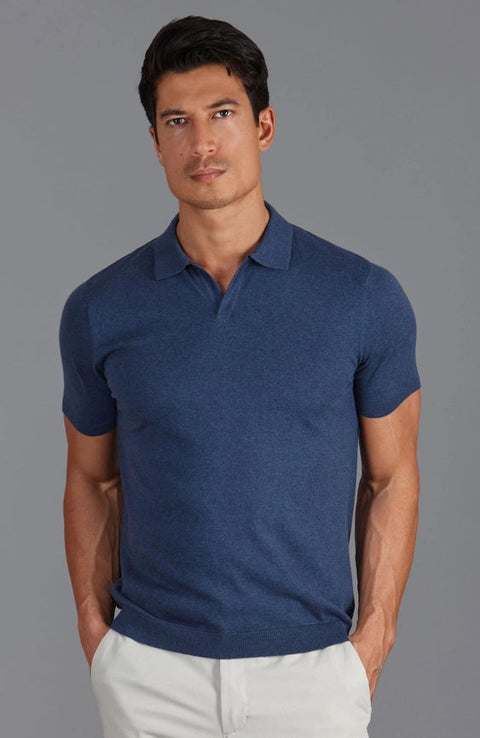 Mens Ultra Fine Cotton Buttonless Polo Shirt Blue Melange-Polo Shirt-Paul James Knitwear-S-Bluestone-Urbanheer