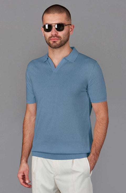 Mens Ultra Fine Cotton Buttonless Polo Shirt Bluestone-Polo Shirt-Paul James Knitwear-S-Bluestone-Urbanheer